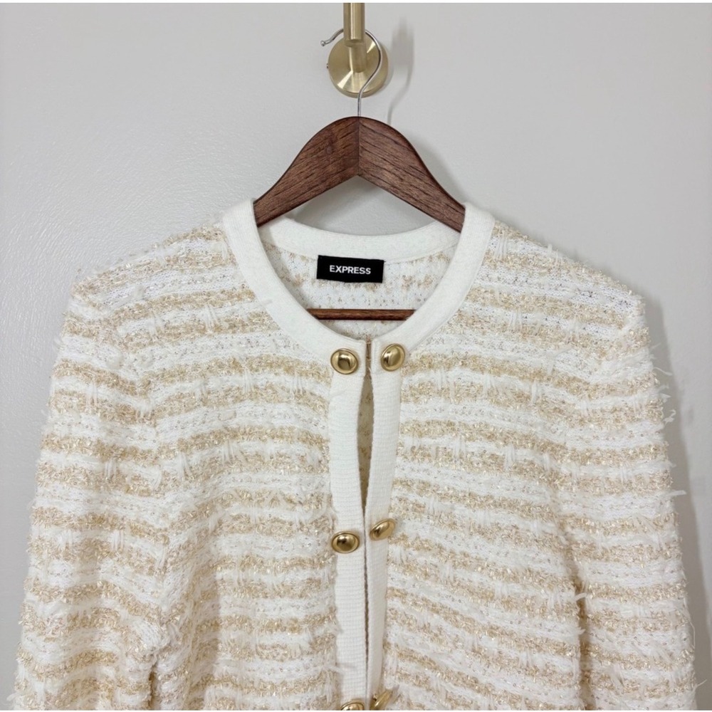 Express Womens M Lady Jacket Cream Gold Tweed Knit Cardigan Old Money Classic - Picture 4 of 12